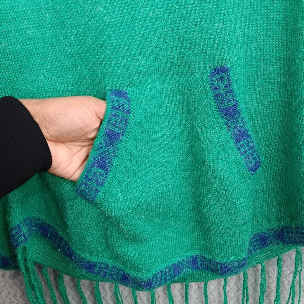 ALPACA CONNECTION Women's Hoodie Sweater XL Green Fringe Boho Hippie Aztec - Picture 5 of 8